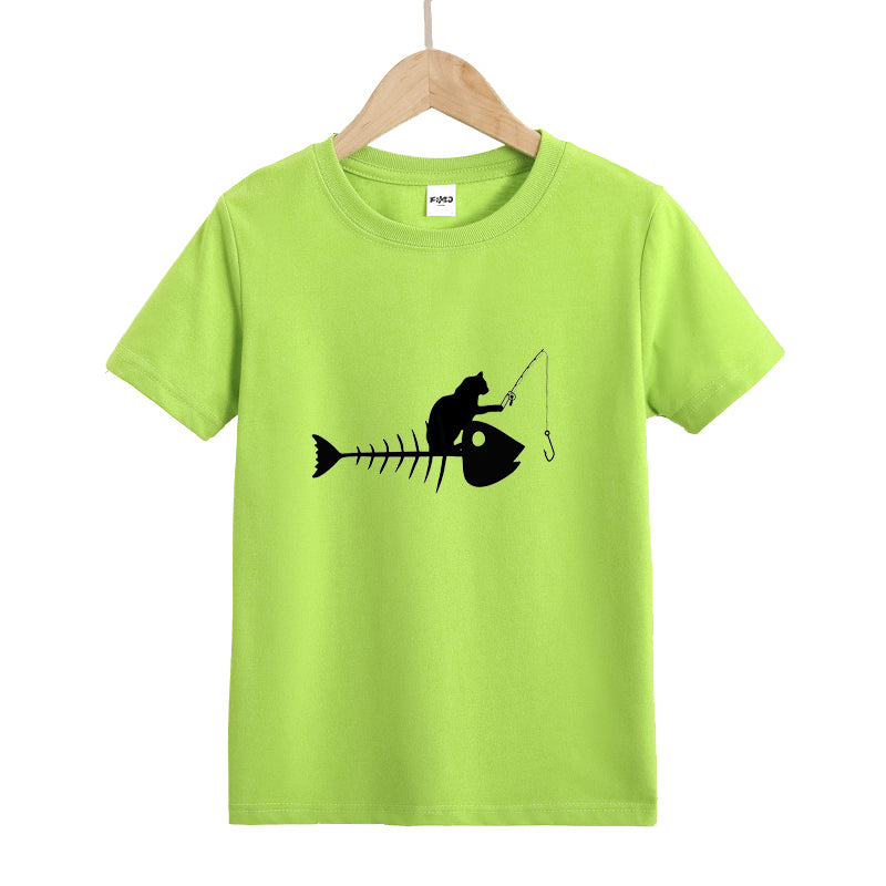 Cat Fishing on A Fish Bone Kid's T-Shirts