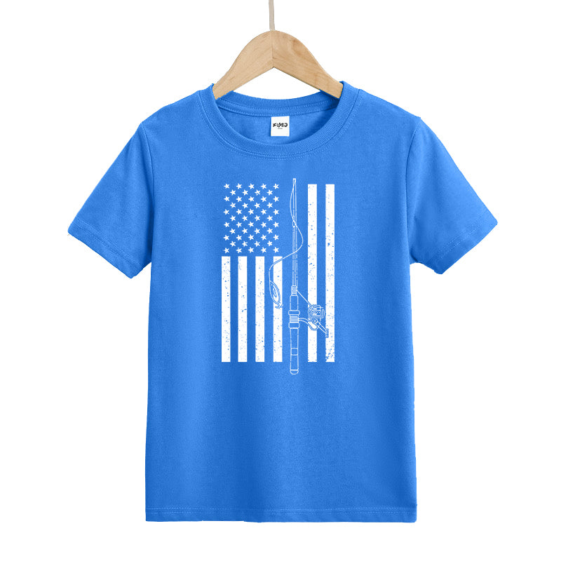 USA FLAG FISHING ROD Kids T-Shirt