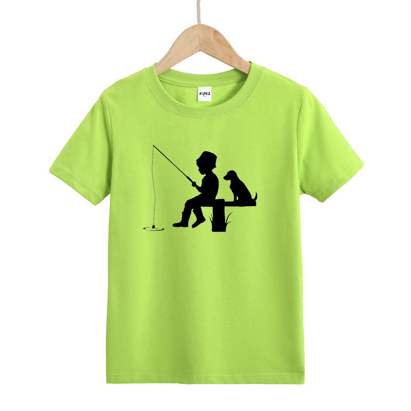 Little Boy Fishing with Dog Kid's T-Shirts