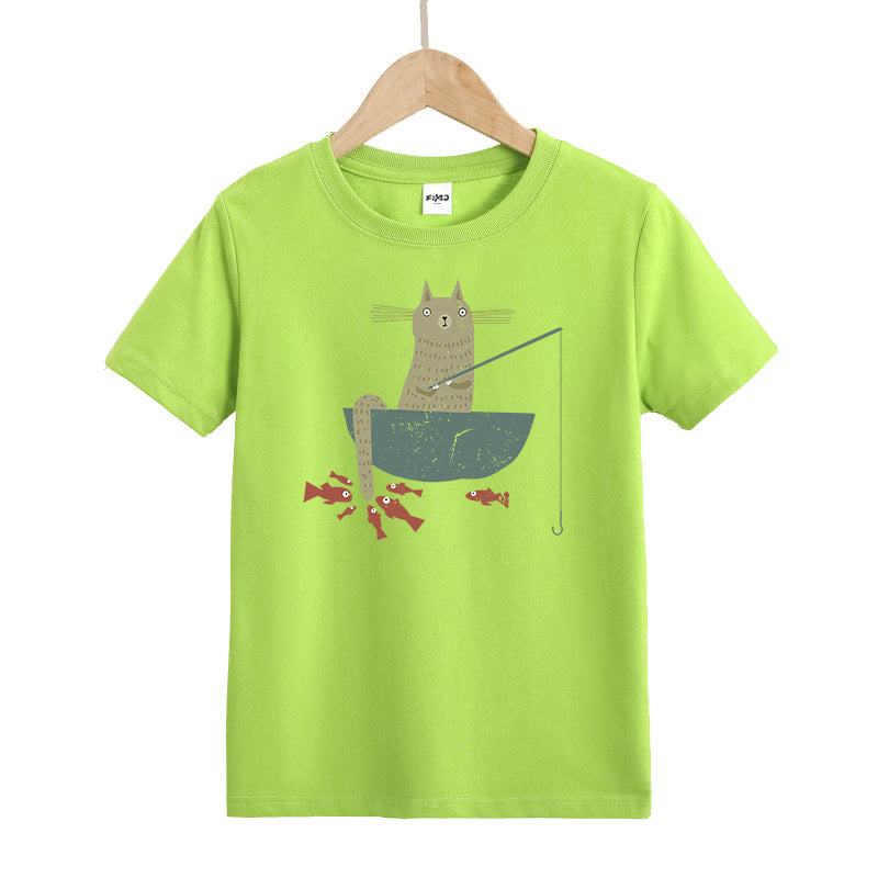 Silly Cat Fishing Kids T-Shirt