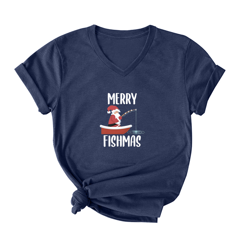 Merry Fishmas V Neck T-Shirt for Women