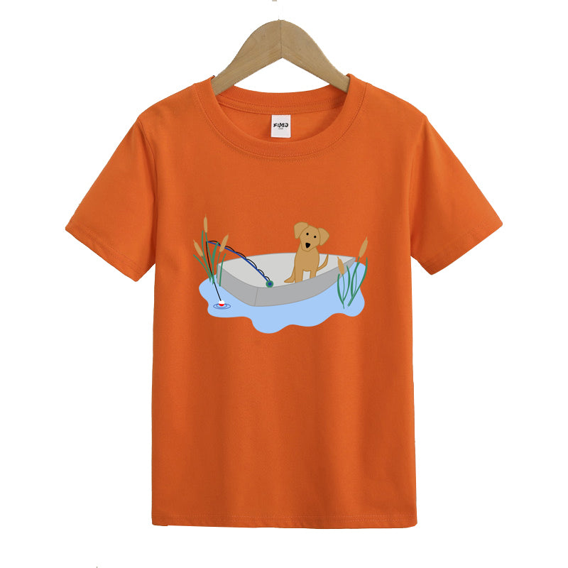 Puppy Fishing in Boat Kids T-Shirt