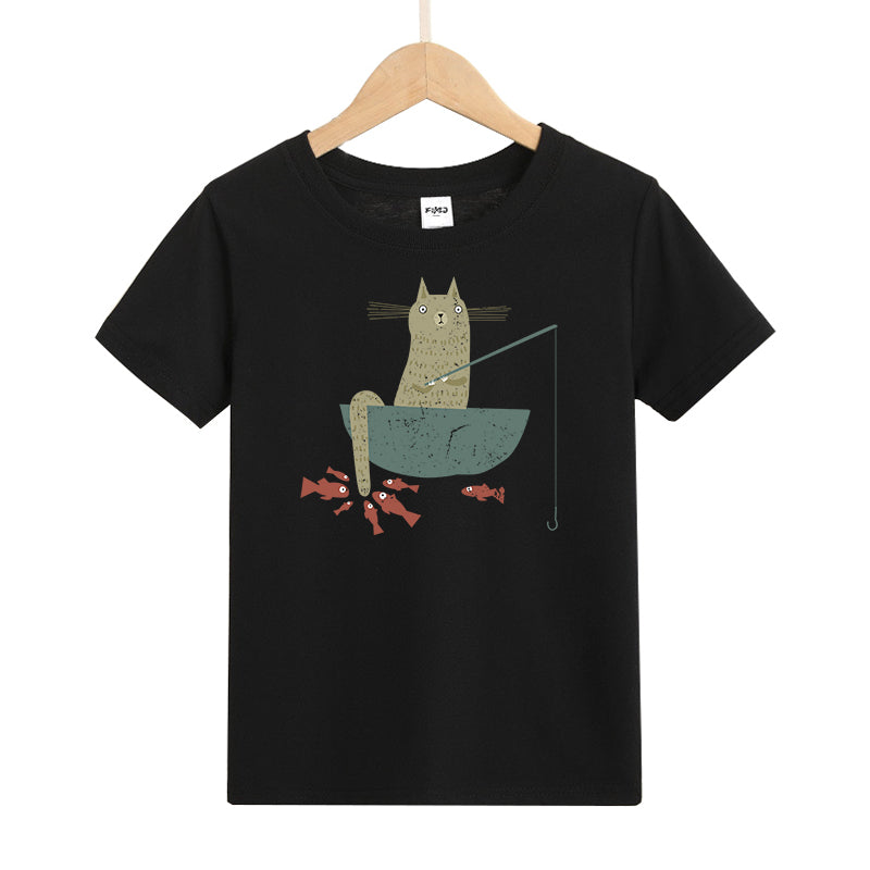 Silly Cat Fishing Kids T-Shirt