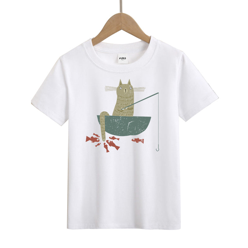 Silly Cat Fishing Kids T-Shirt