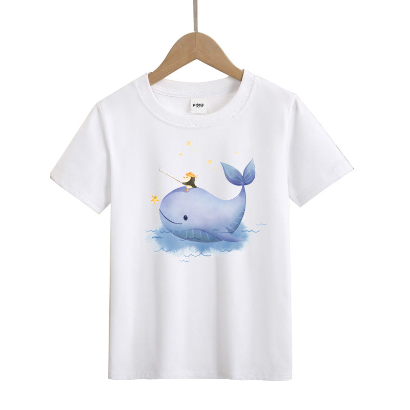 Penguin Sitting on Whale Fishing Kid's T-Shirts