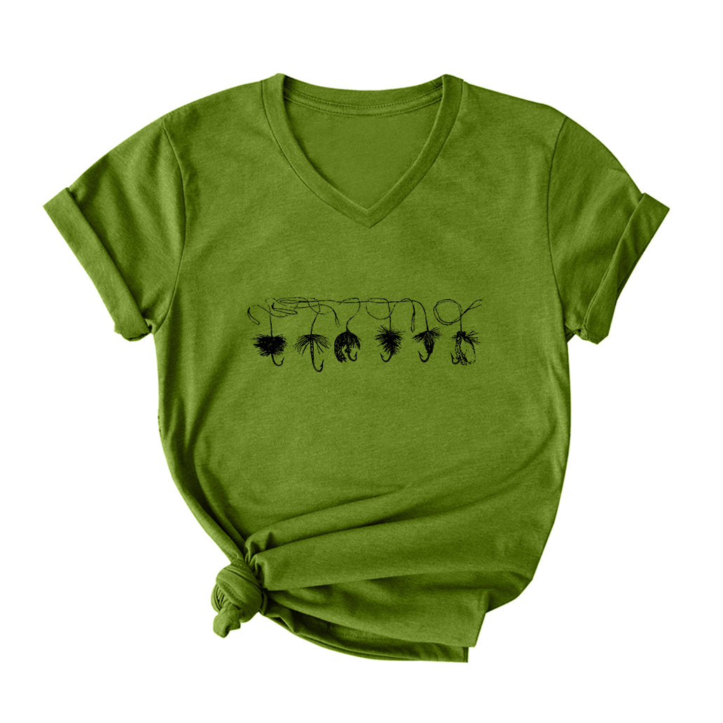 Vintage Fly Fishing Hook V Neck T-Shirt for Women