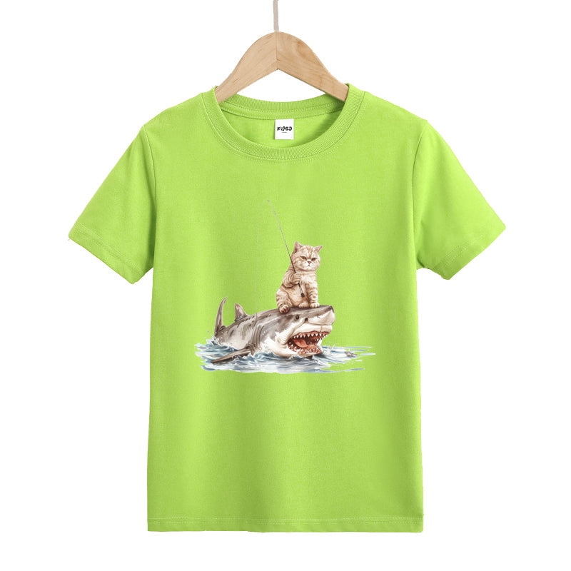 Cat Fishing on Shark Kid's T-Shirts