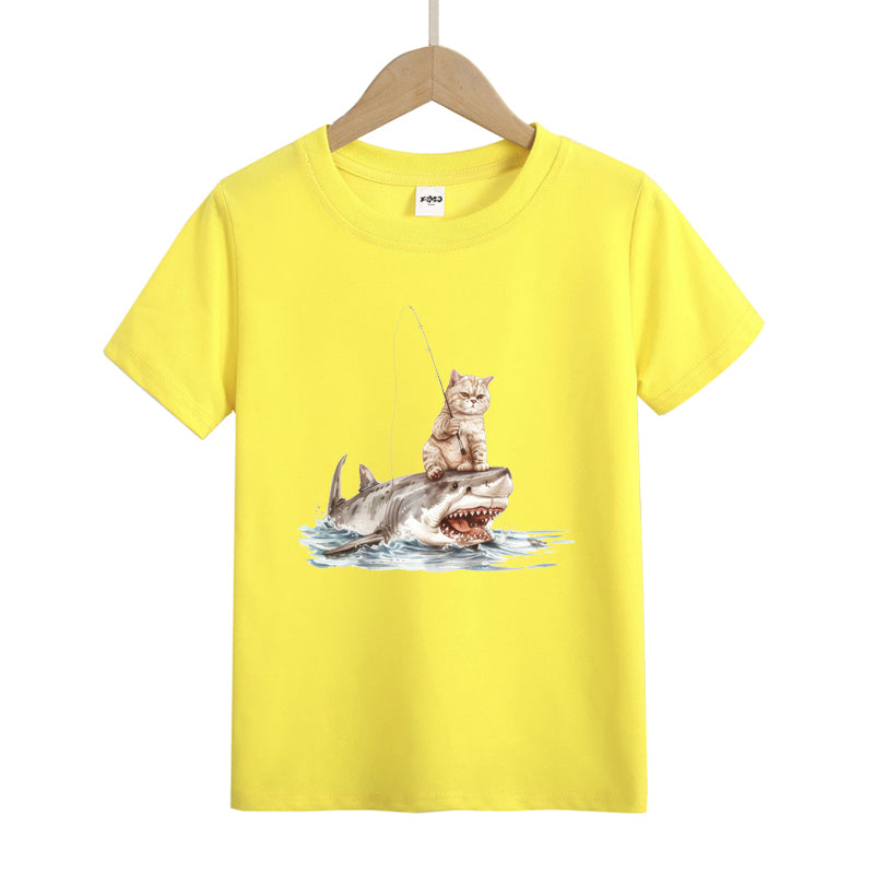 Cat Fishing on Shark Kid's T-Shirts