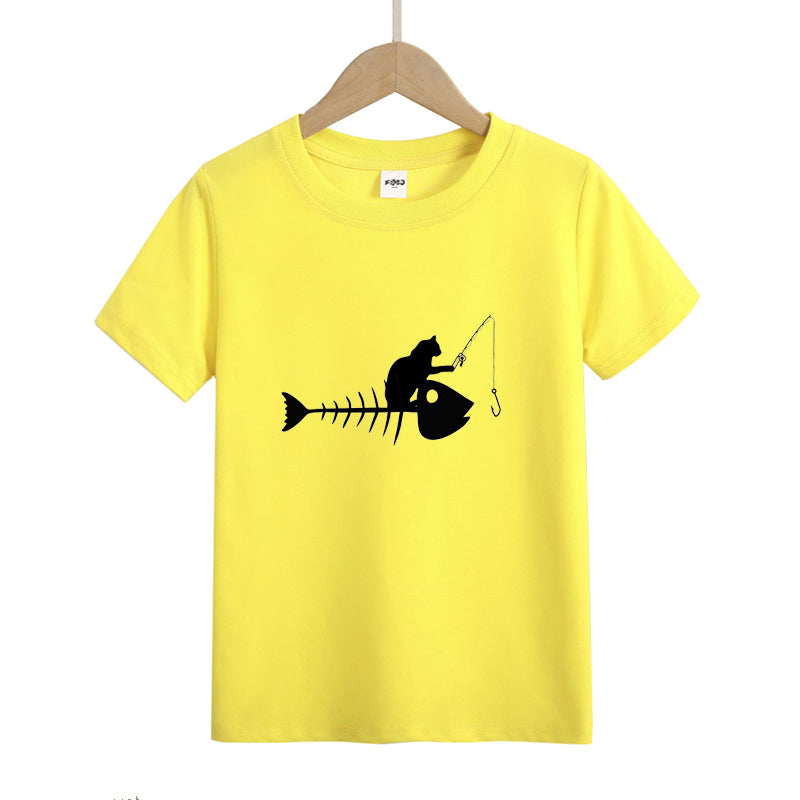 Cat Fishing on A Fish Bone Kid's T-Shirts