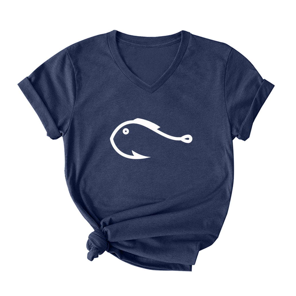 Fishing Hook Fish V Neck T-Shirt for Women