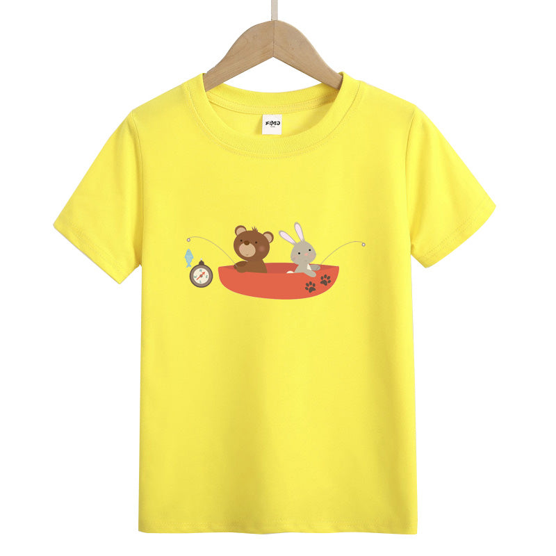 Bear and Rabbit Fishing on The Boat Kid's T-Shirts