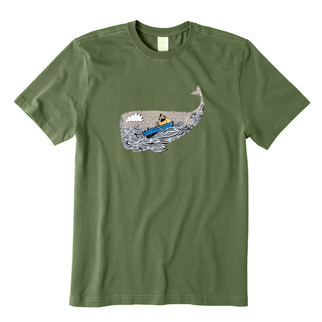 Brave Old Fisherman Rowing A Boat in The Rainy Deep Sea T-Shirt