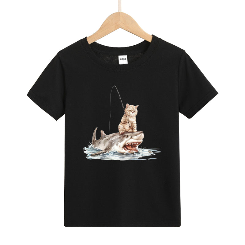 Cat Fishing on Shark Kid's T-Shirts