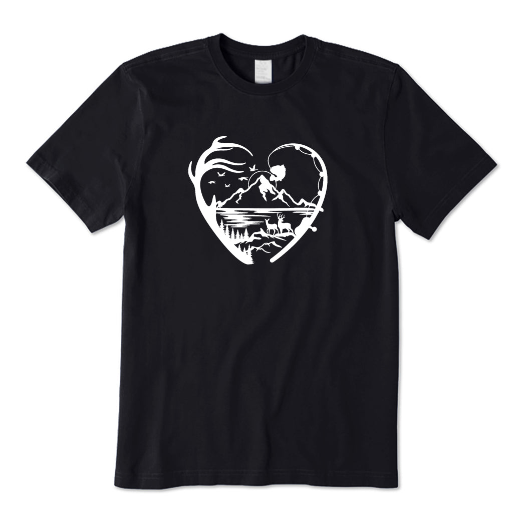 Heart Shaped Fishing Rod and Mountain Scene T-Shirt