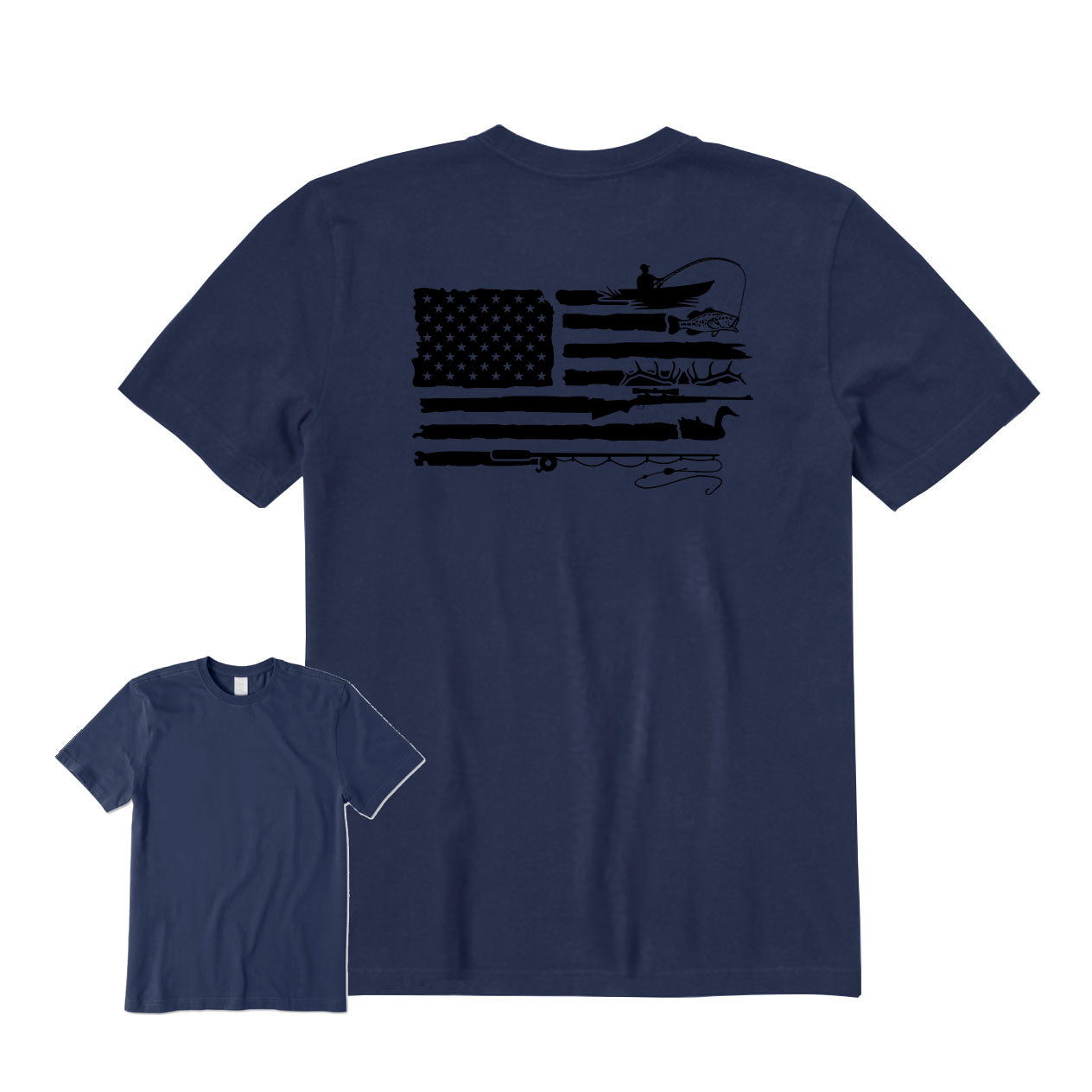 Fishing and Hunting American Flag Back Graphic T-Shirt