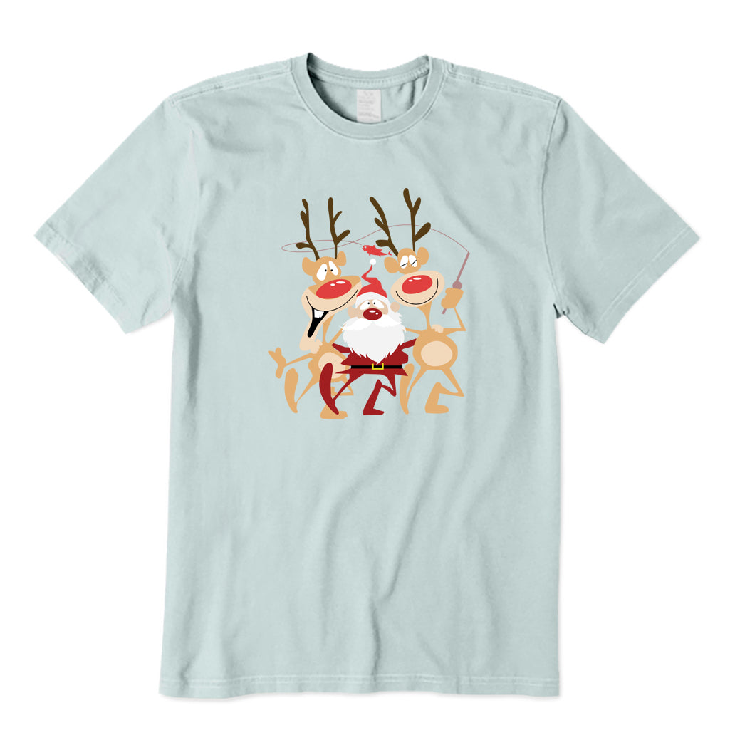 Santa Claus and Elk Happy Fishing T-Shirt