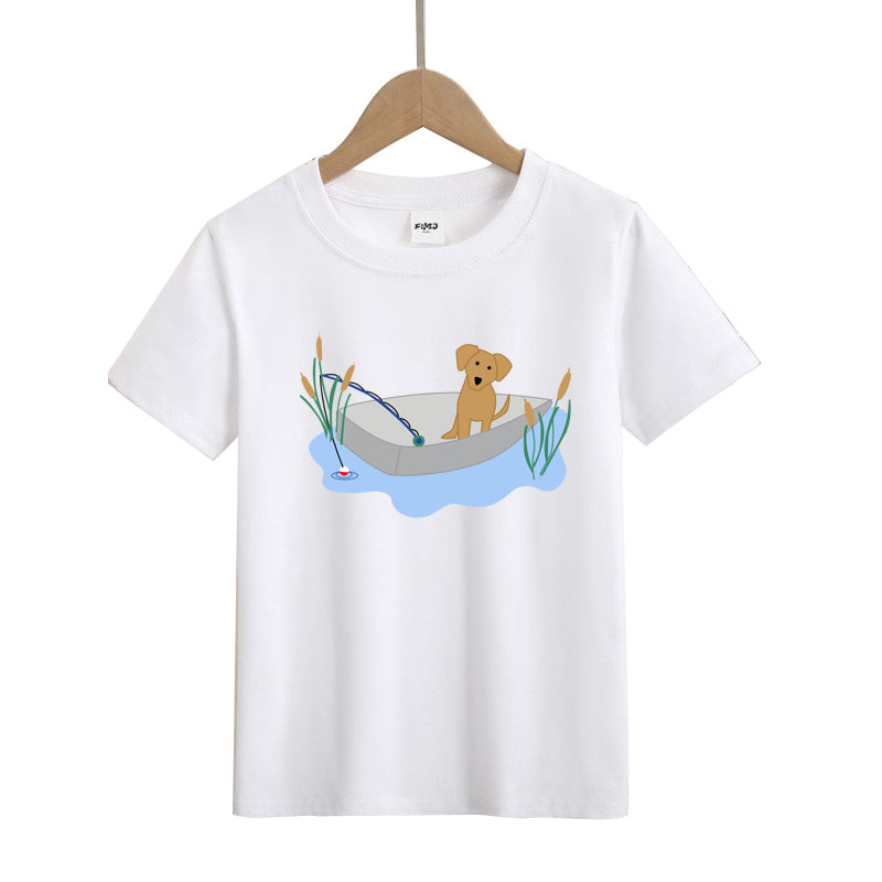 Puppy Fishing in Boat Kids T-Shirt