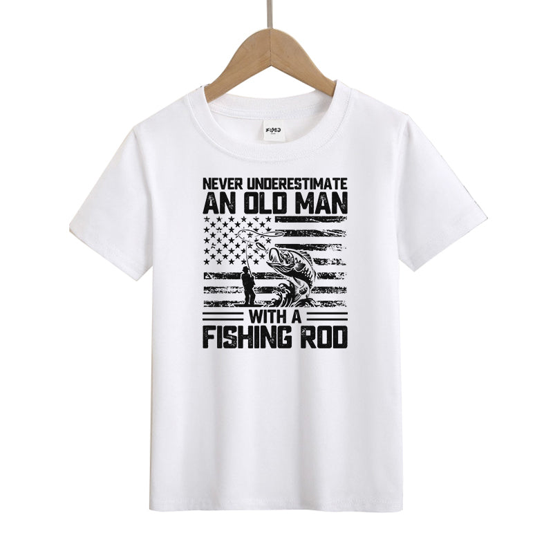 Never Underestimate An Old Man with A Fishing Rod Kids T-Shirt