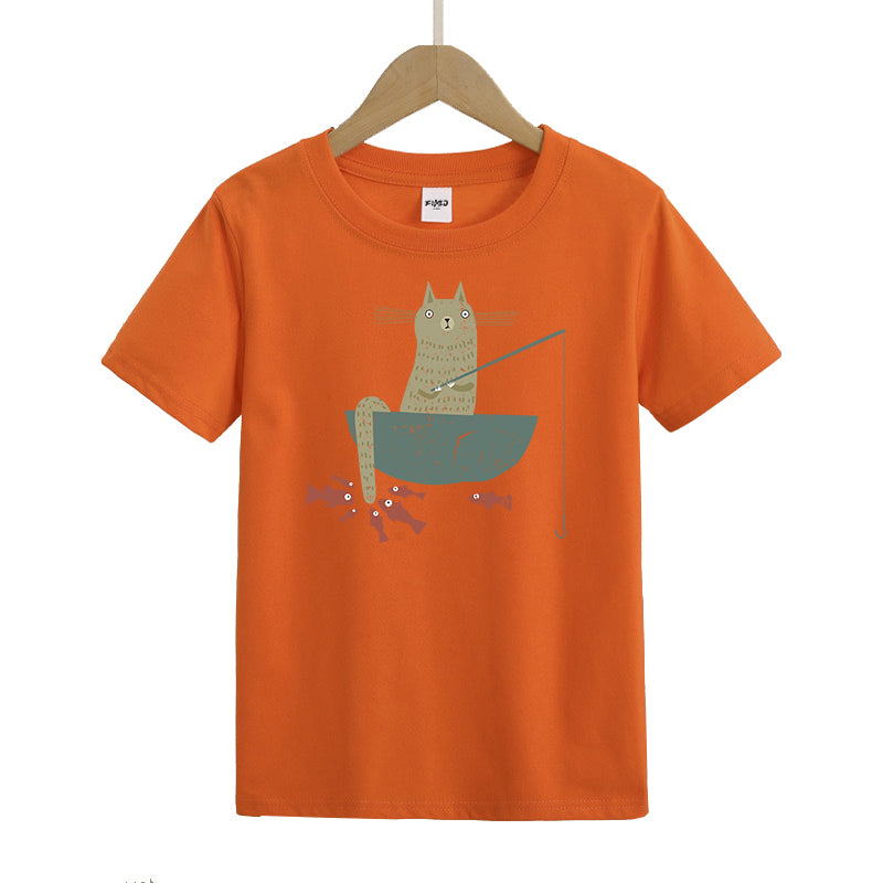 Silly Cat Fishing Kids T-Shirt