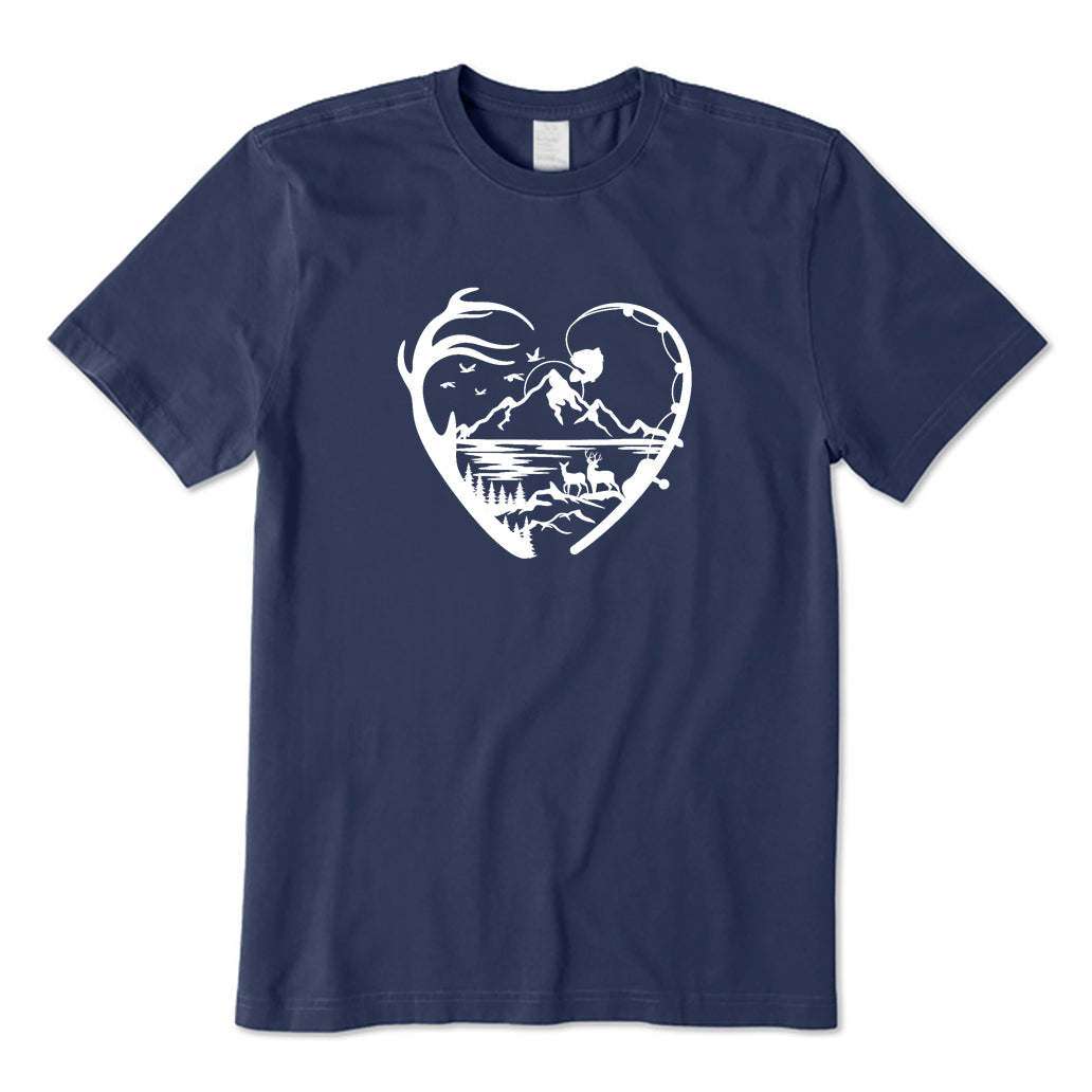 Heart Shaped Fishing Rod and Mountain Scene T-Shirt