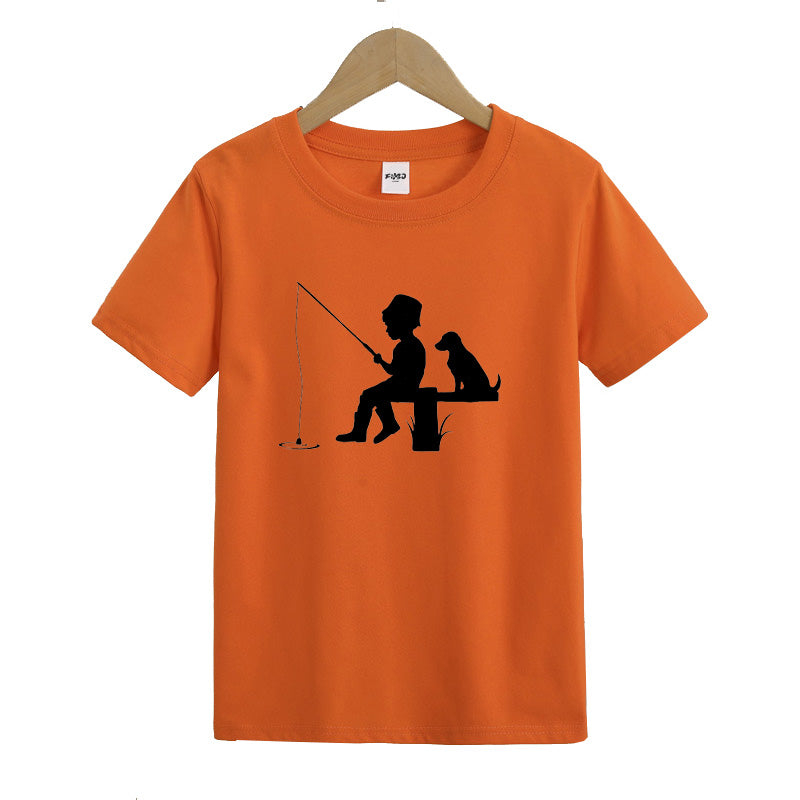 Little Boy Fishing with Dog Kid's T-Shirts