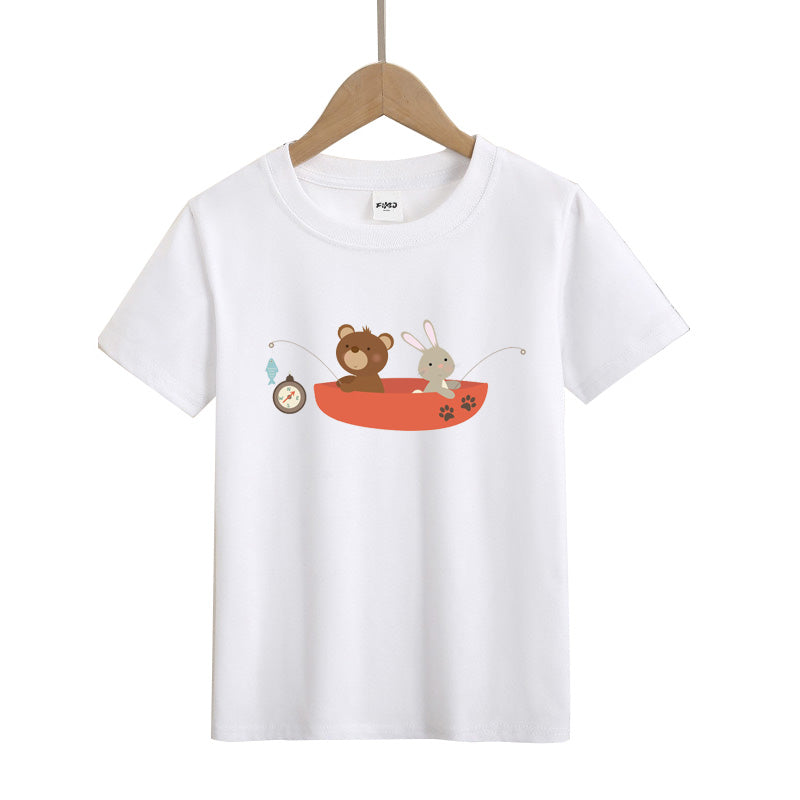 Bear and Rabbit Fishing on The Boat Kid's T-Shirts