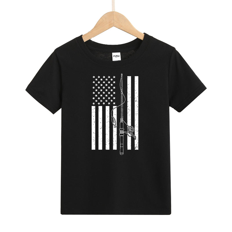 USA FLAG FISHING ROD Kids T-Shirt