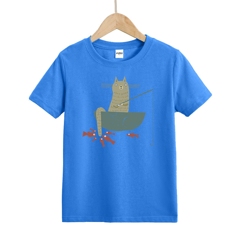 Silly Cat Fishing Kids T-Shirt