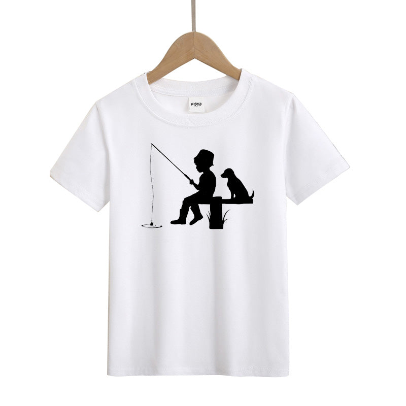 Little Boy Fishing with Dog Kid's T-Shirts