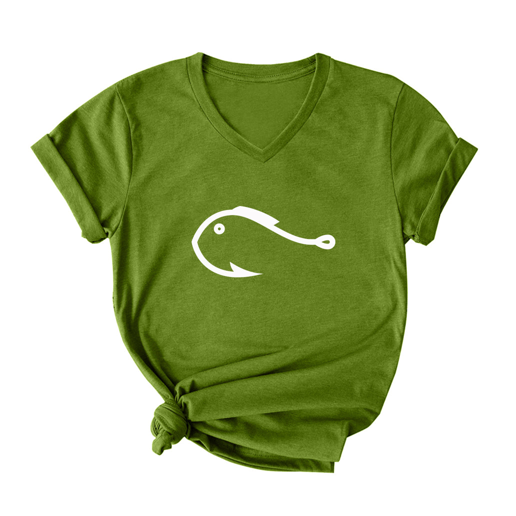 Fishing Hook Fish V Neck T-Shirt for Women