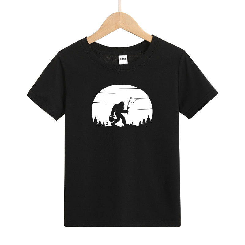 Bigfoot Fishing At Sunset Kids T-Shirt