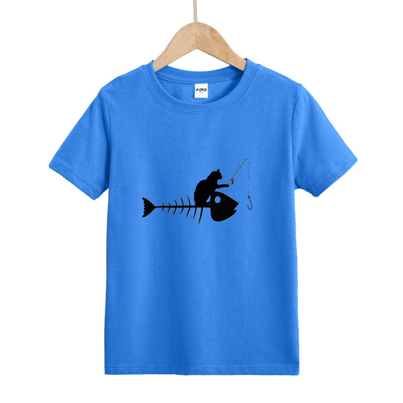 Cat Fishing on A Fish Bone Kid's T-Shirts