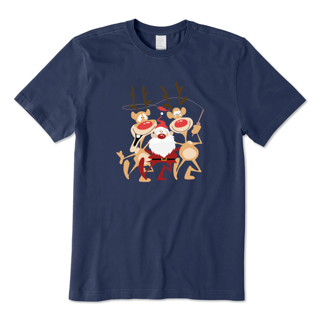 Santa Claus and Elk Happy Fishing T-Shirt