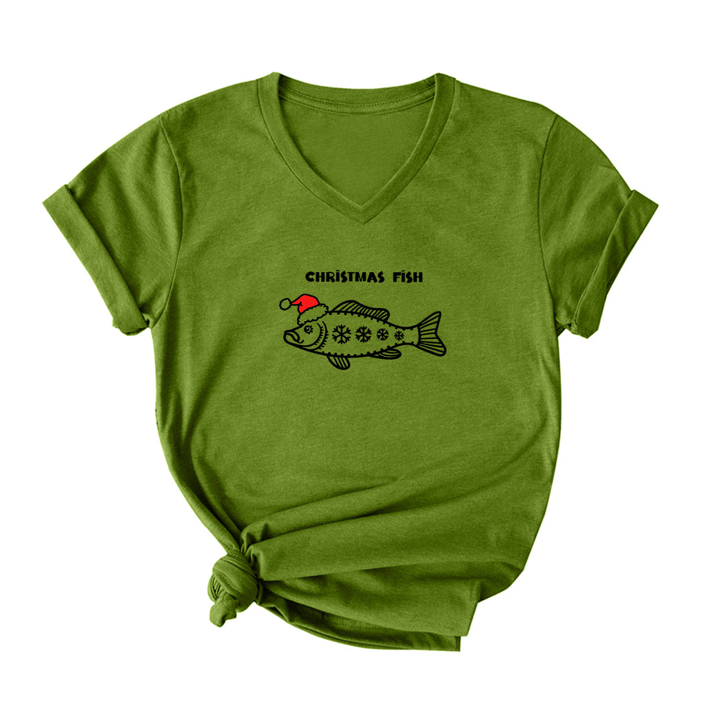 Christmas Fish V Neck T-Shirt for Women