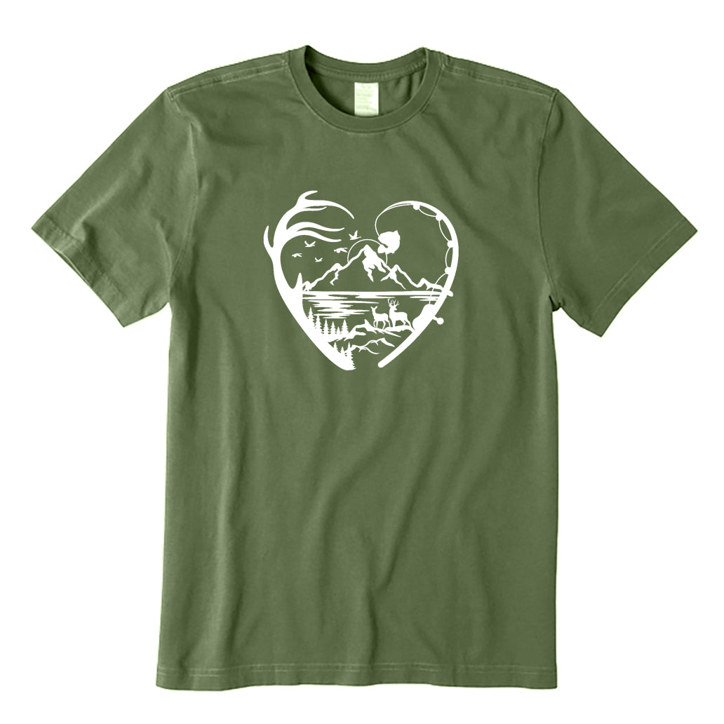 Heart Shaped Fishing Rod and Mountain Scene T-Shirt