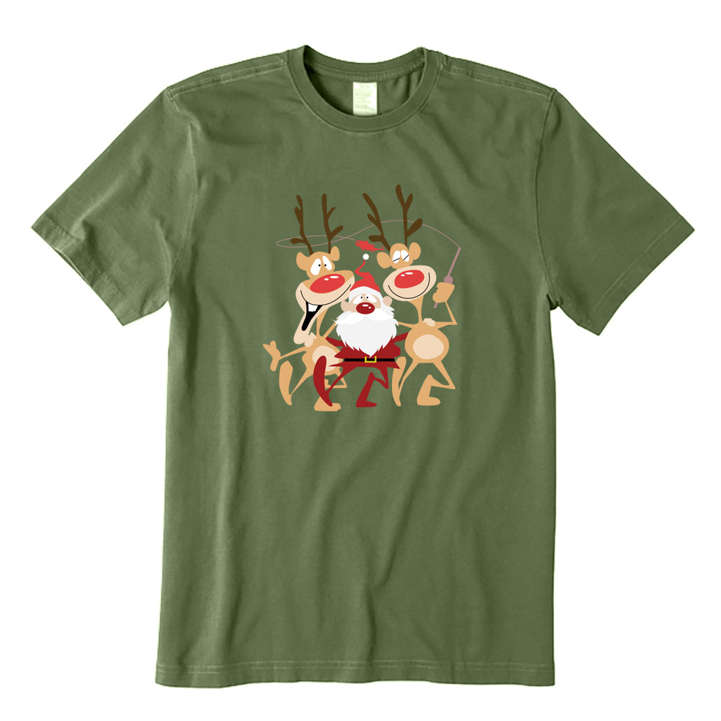 Santa Claus and Elk Happy Fishing T-Shirt