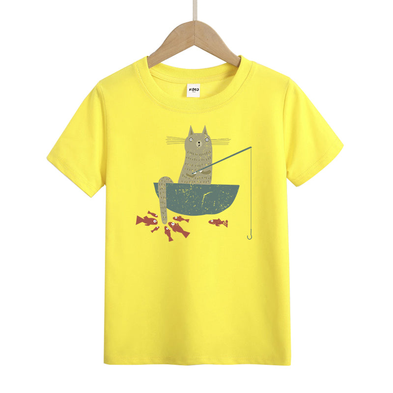 Silly Cat Fishing Kids T-Shirt