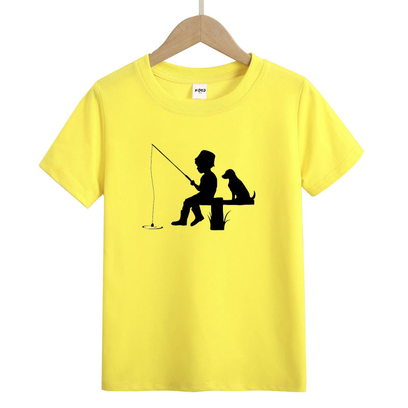 Little Boy Fishing with Dog Kid's T-Shirts