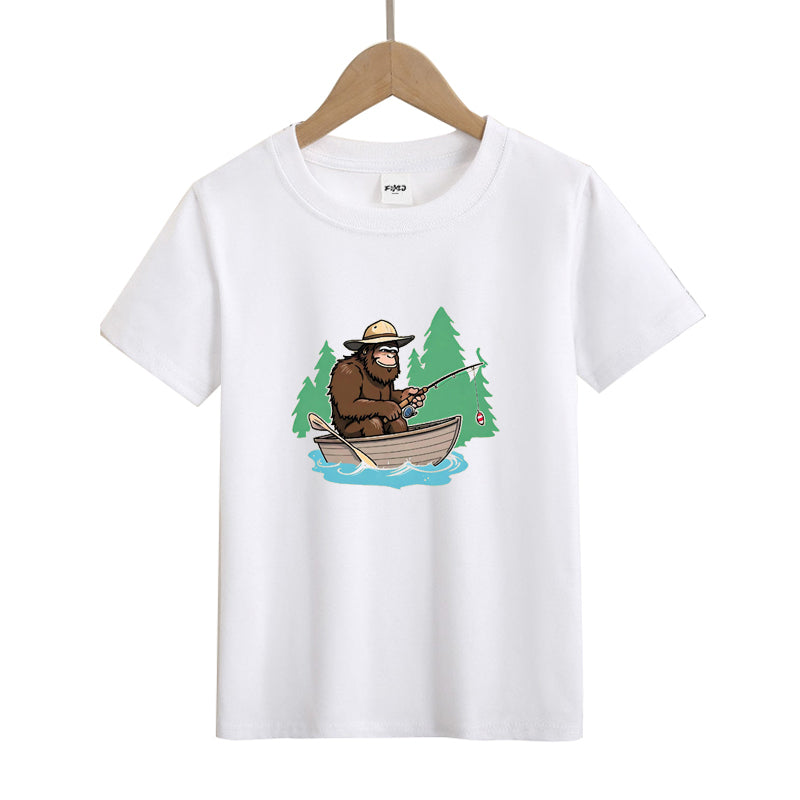 Bigfoot Fishing on The Boat Kid's T-Shirts