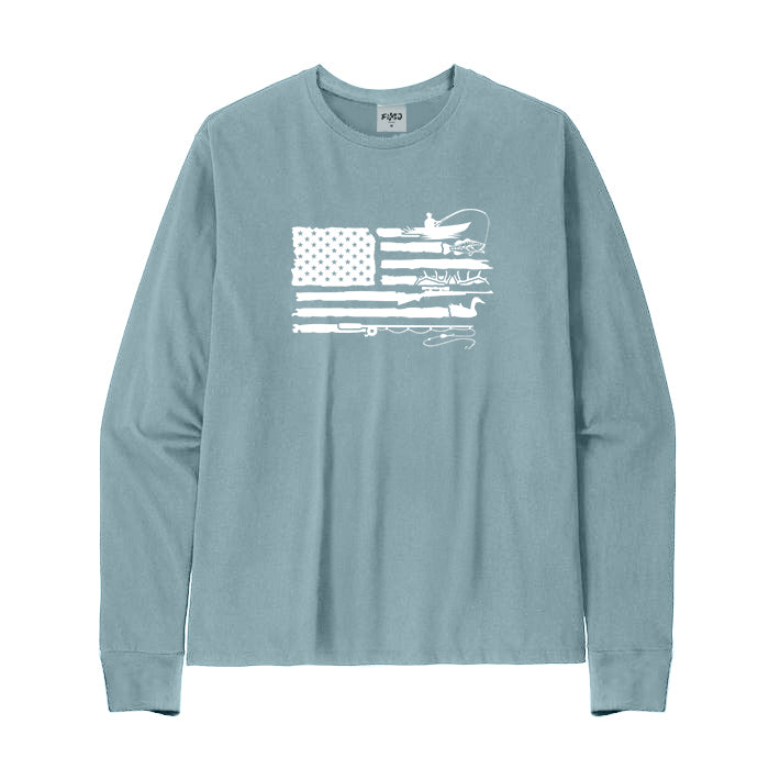 Fishing and Hunting American Flag Long Sleeve T-Shirt