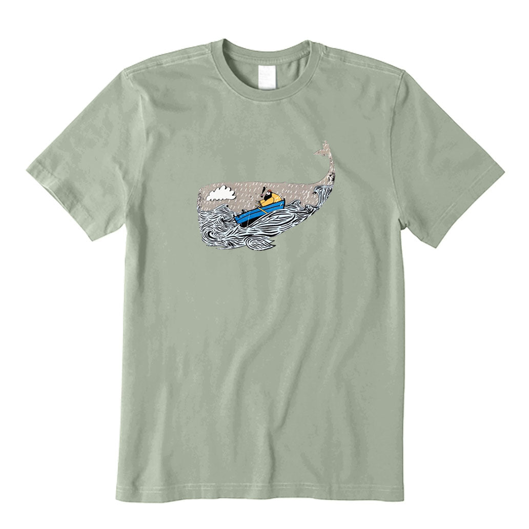 Brave Old Fisherman Rowing A Boat in The Rainy Deep Sea T-Shirt