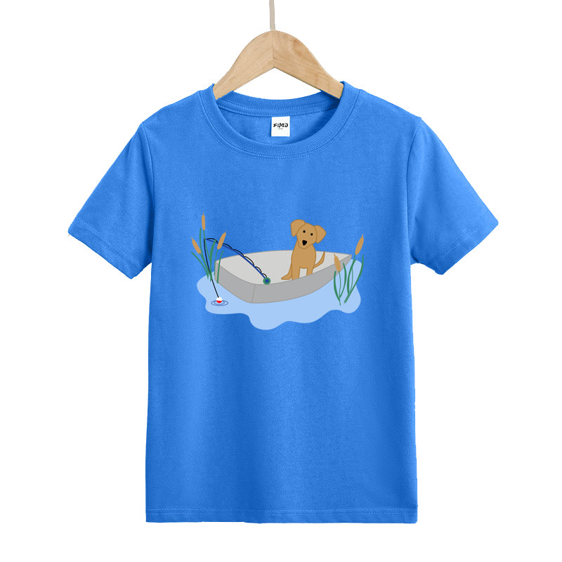 Puppy Fishing in Boat Kids T-Shirt