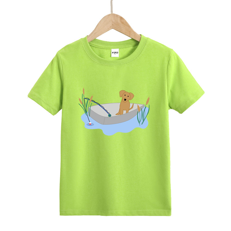 Puppy Fishing in Boat Kids T-Shirt