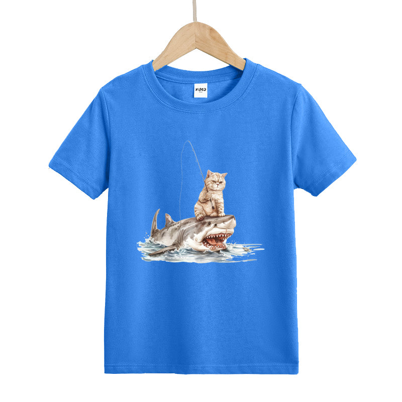 Cat Fishing on Shark Kid's T-Shirts