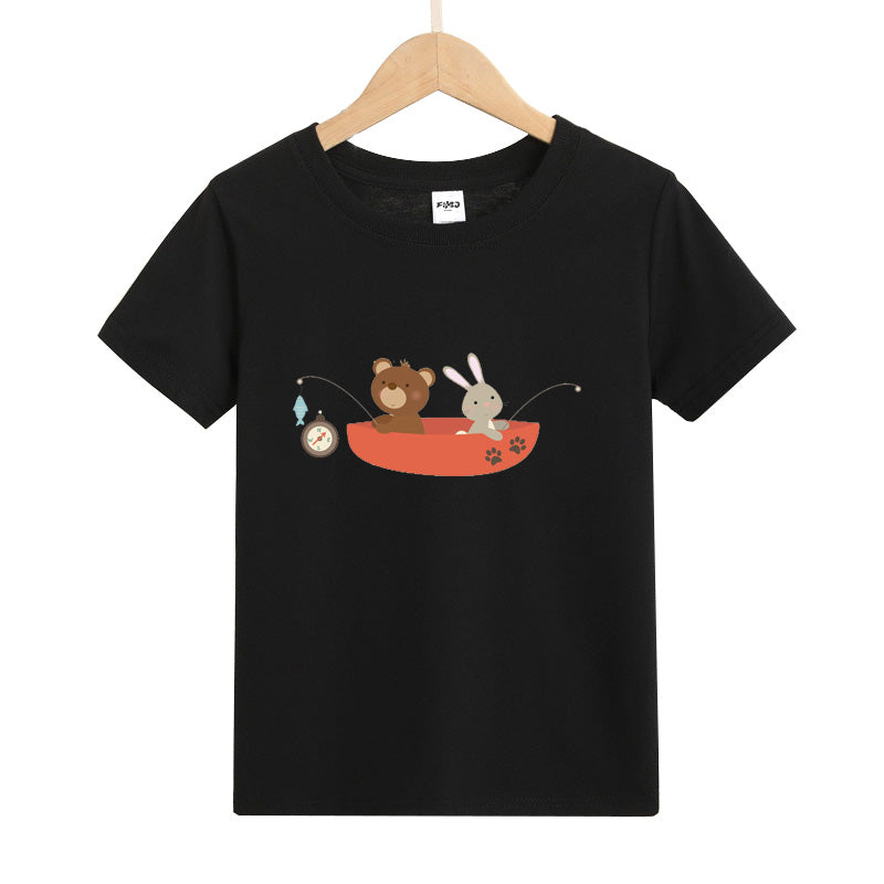 Bear and Rabbit Fishing on The Boat Kid's T-Shirts