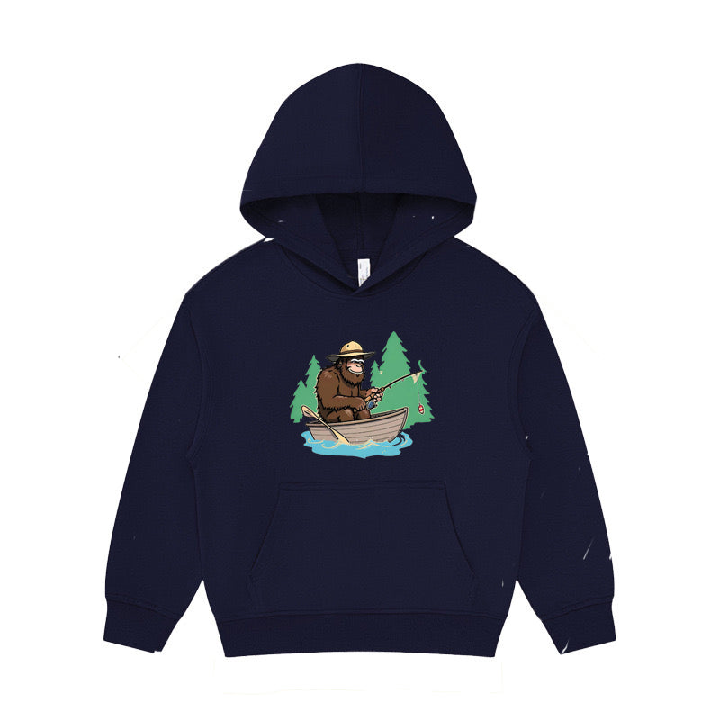 Bigfoot Fishing on The Boat Kid's Hoodie