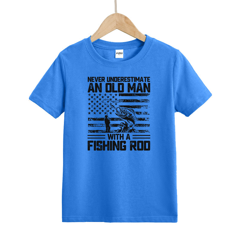 Never Underestimate An Old Man with A Fishing Rod Kids T-Shirt