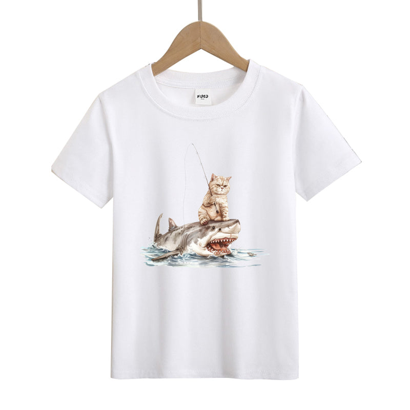 Cat Fishing on Shark Kid's T-Shirts