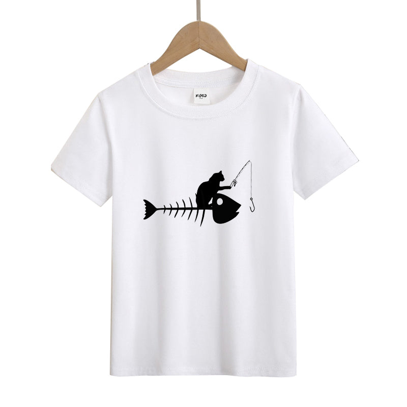 Cat Fishing on A Fish Bone Kid's T-Shirts