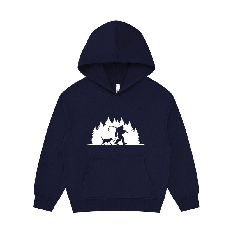 Bigfoot Fishing With Dog Kid's Hoodie